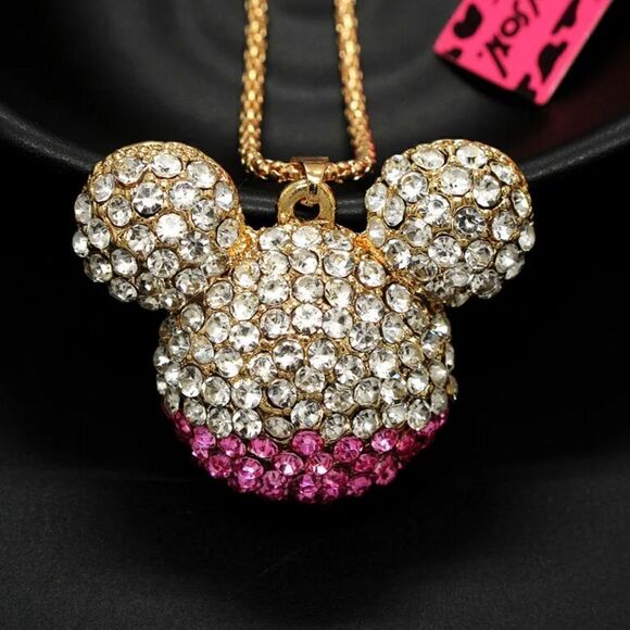 Lovely Pink Mouse Head Crystal Pendant Chain Woman Necklace NWOT - Picture 2 of 3